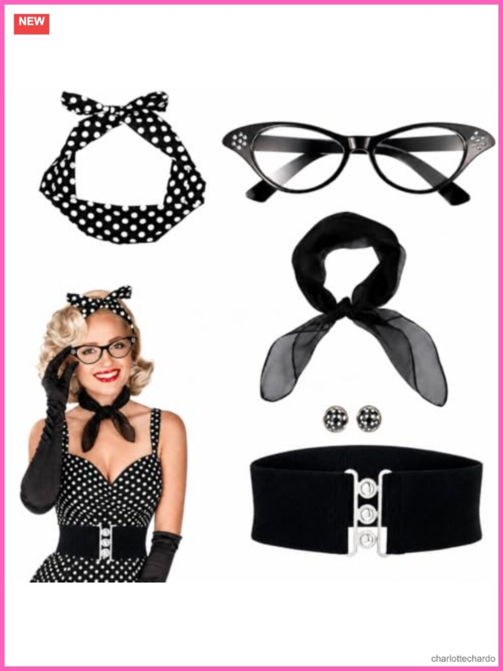 1950s Costume Accessories Set Women Cat Eye Glasses Scarf Headband Party